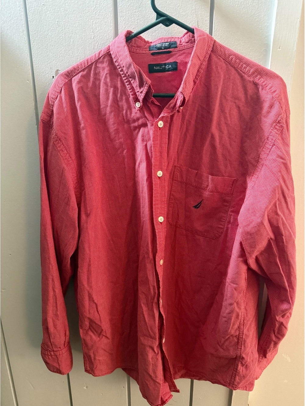 Nautica Mens Large Red White Micro Check Long Sleeve Button Down Shirt